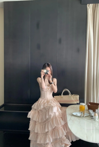 Sweet A Line Spaghetti Straps Satin Tiered Chiffon Long Prom Dress, Evening Dress HZ1024