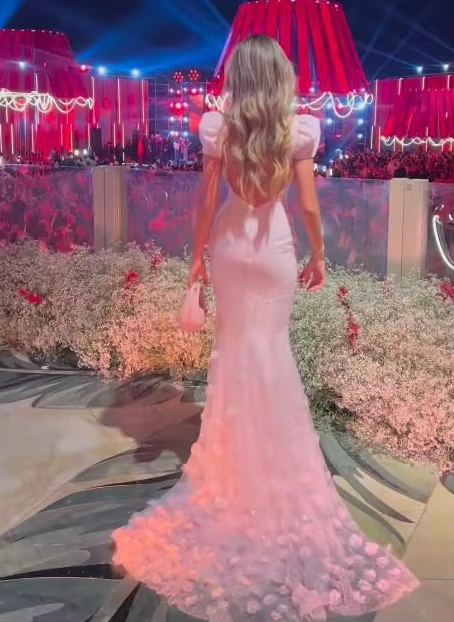 Pink Mermaid Sweetheart Tulle Sequin Flower With Short Bubble Sleeves Long Prom Dress, Evening Dress HZ1024