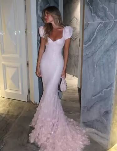Pink Mermaid Sweetheart Tulle Sequin Flower With Short Bubble Sleeves Long Prom Dress, Evening Dress HZ1024