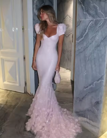 Pink Mermaid Sweetheart Tulle Sequin Flower With Short Bubble Sleeves Long Prom Dress, Evening Dress HZ1024
