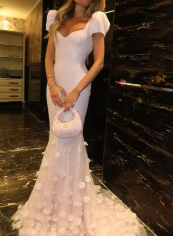 Pink Mermaid Sweetheart Tulle Sequin Flower With Short Bubble Sleeves Long Prom Dress, Evening Dress HZ1024