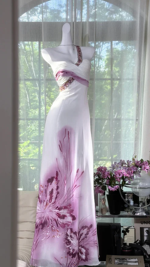 Chic A Line One Shoulder Chiffon Sequin Printed Butterfly Long Prom Dress, Evening Dress HZ1024
