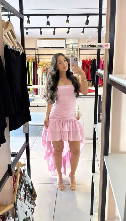 Classy Pink A Line Strapless Satin Ruffle High-Low Prom Dress, Evening Dress HZ1024