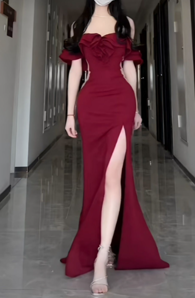 Formal Mermaid Off The Shoulder Burgundy Satin Slit Long Prom Dress, Evening Dress HZ1024