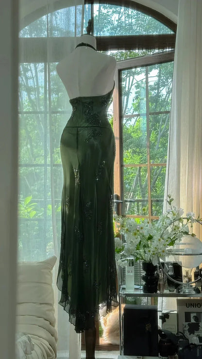 Sexy Mermaid Halter Dark Green Chiffon Sequin Long Prom Dress, Evening Dress HZ1024