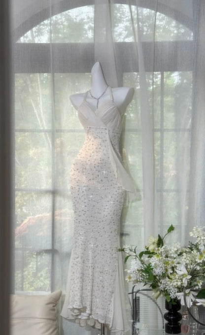 Modest Mermaid Halter Chiffon Sequin Backless Long Prom Dress, Evening Dress HZ1024