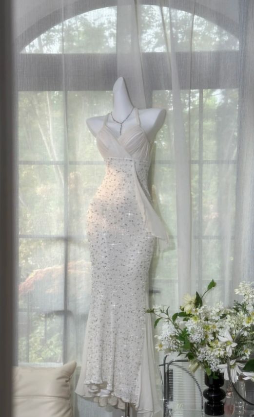 Modest Mermaid Halter Chiffon Sequin Backless Long Prom Dress, Evening Dress HZ1024