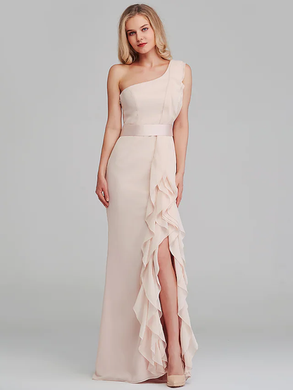 Shoulder Long Length Chiffon Bridesmaid Dress with Cascading Ruffles