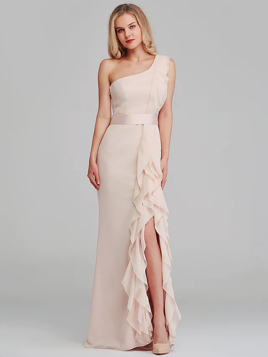 Shoulder Long Length Chiffon Bridesmaid Dress with Cascading Ruffles