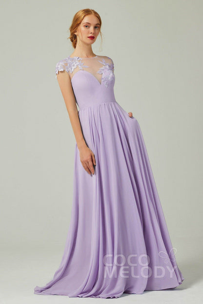 A-Line Sweep-Brush-Train Chiffon Bridesmaid Dress CB0248PS