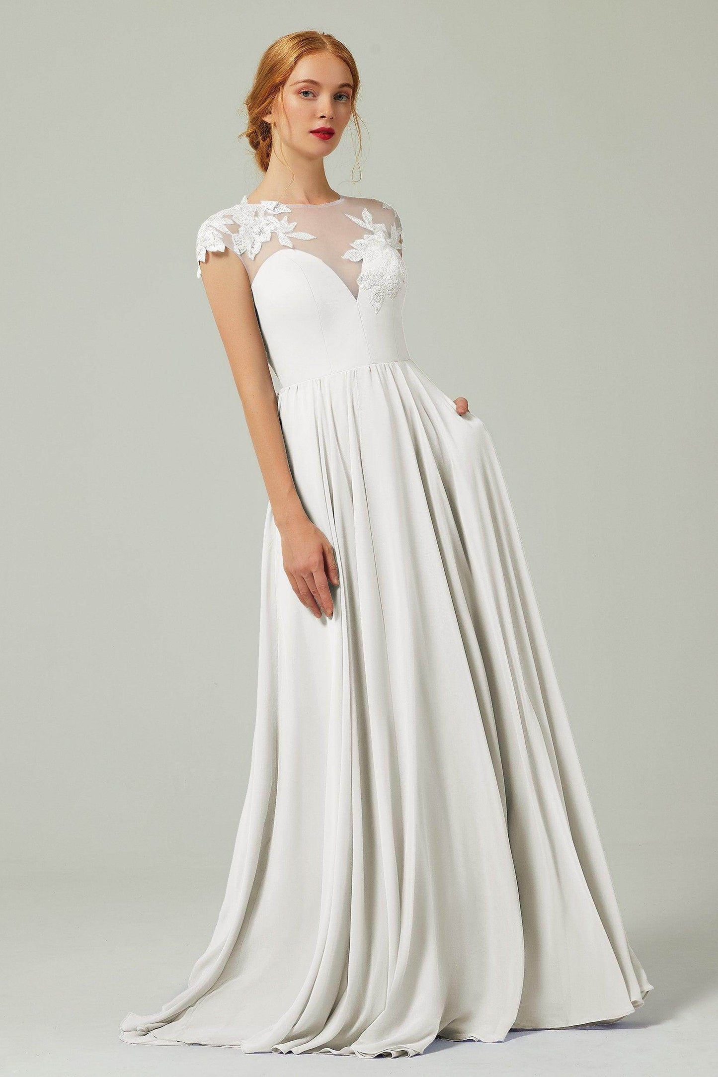 A-Line Sweep-Brush-Train Chiffon Bridesmaid Dress CB0248PS