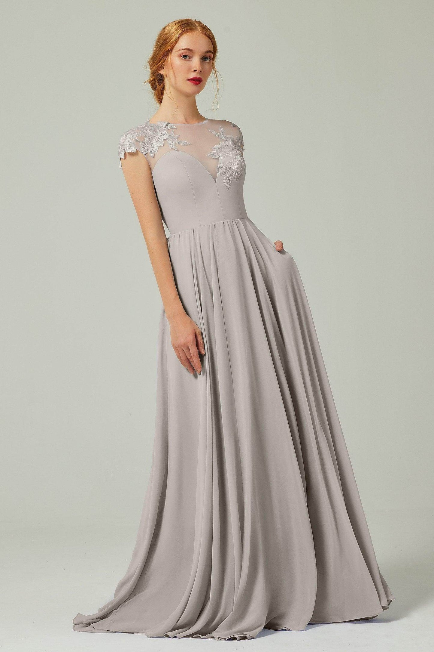 A-Line Sweep-Brush-Train Chiffon Bridesmaid Dress CB0248PS