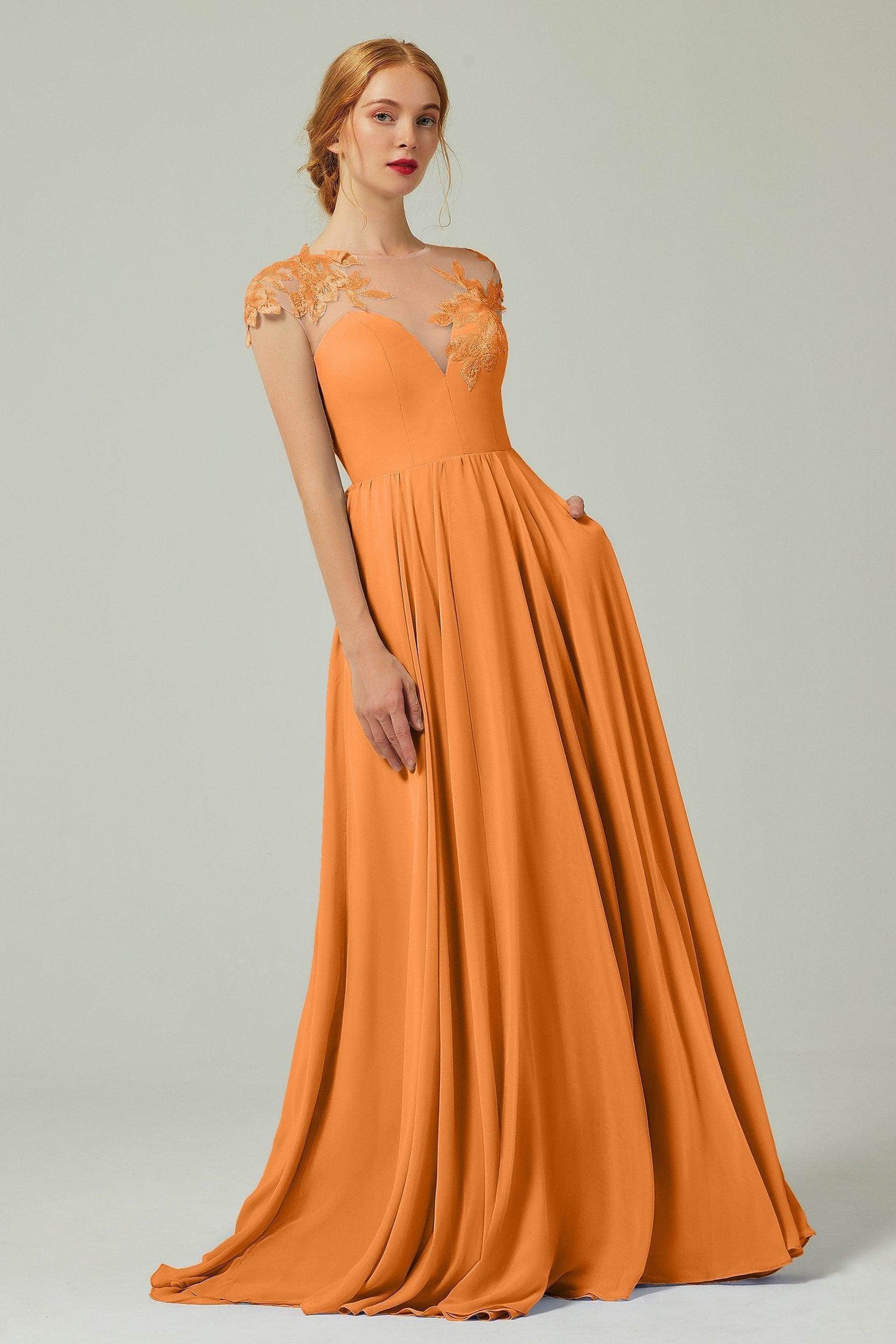 A-Line Sweep-Brush-Train Chiffon Bridesmaid Dress CB0248PS