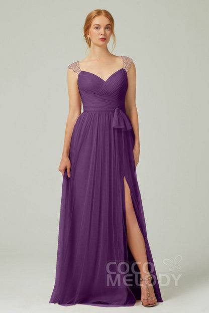 A-Line Floor Length Tulle Bridesmaid Dress CB0313