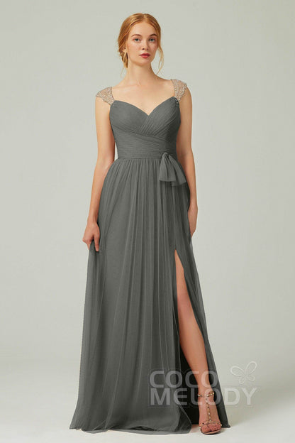 A-Line Floor Length Tulle Bridesmaid Dress CB0313