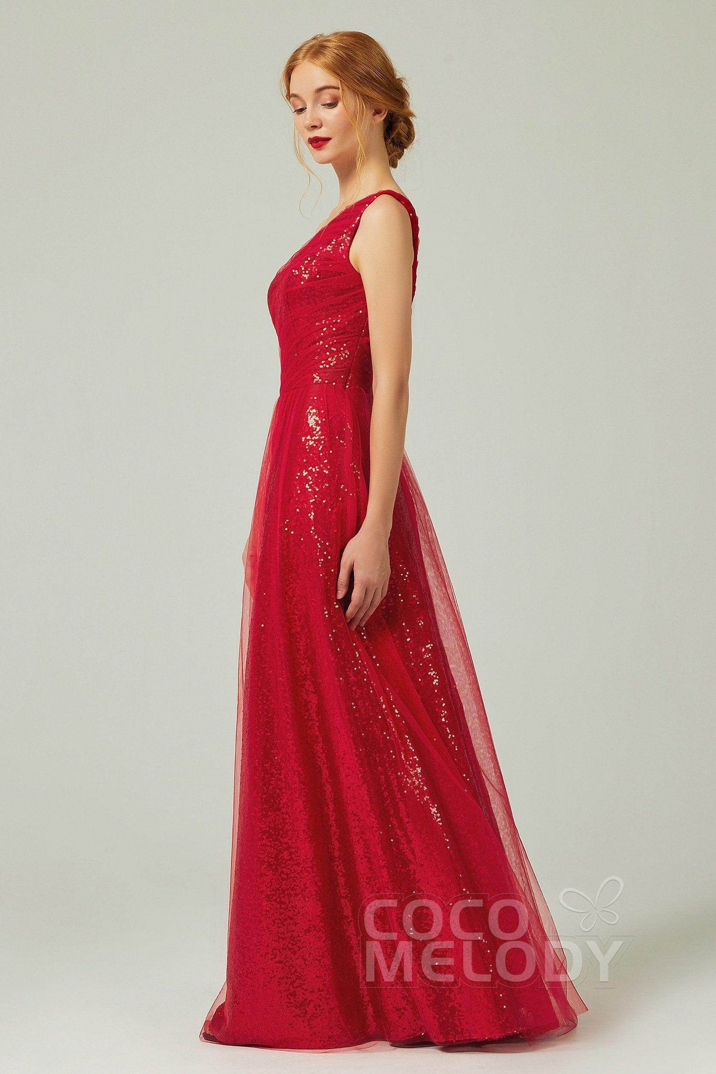 A-Line Floor Length Tulle Sequined Bridesmaid Dress CB0342