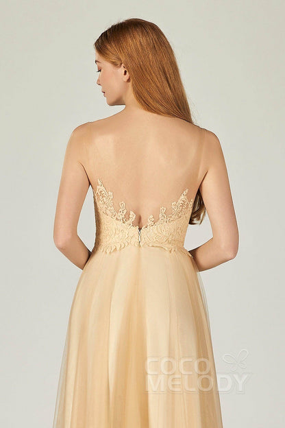 A-Line Floor Length Tulle Lace Bridesmaid Dress CB0378