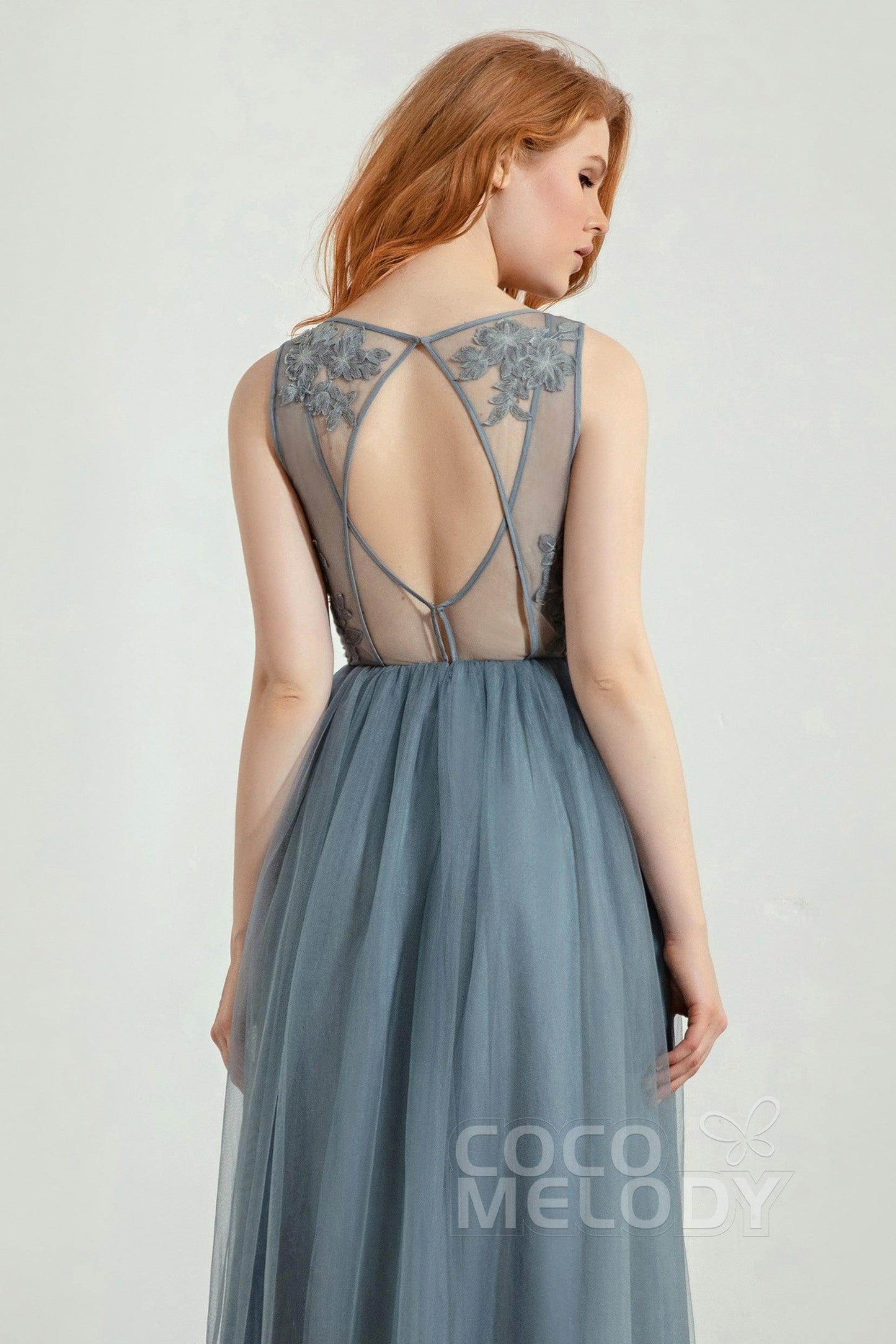 A-Line Floor Length Tulle Lace Bridesmaid Dress CB0436