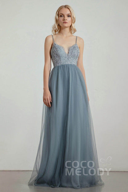 A-Line Floor Length Tulle Lace Bridesmaid Dress CB0437
