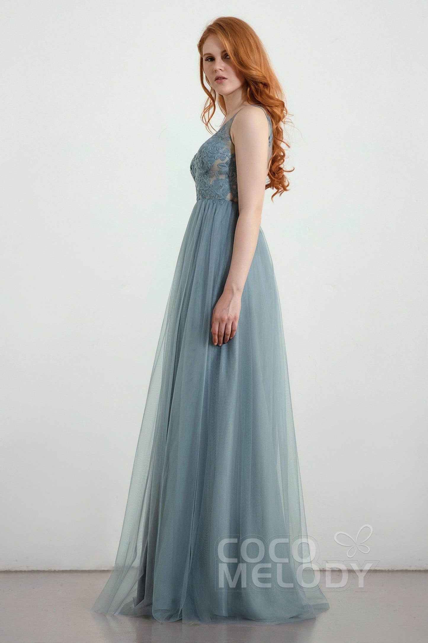 A-Line Floor Length Tulle Lace Bridesmaid Dress CB0438