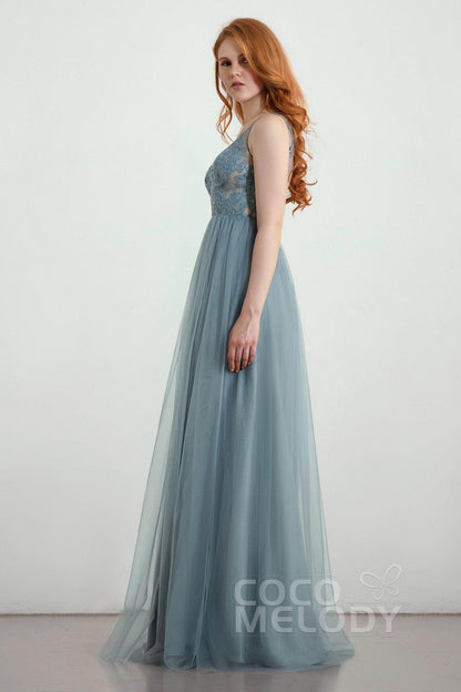 A-Line Floor Length Tulle Lace Bridesmaid Dress CB0438