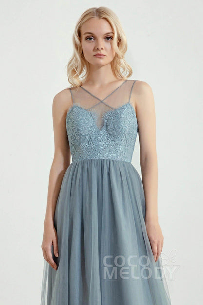 A-Line Floor Length Tulle Lace Bridesmaid Dress CB0439