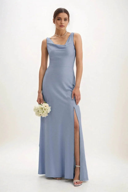 Sheath-Column Maxi Luxe Satin Bridesmaid Dress CB0816