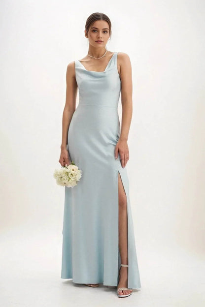 Sheath-Column Maxi Luxe Satin Bridesmaid Dress CB0816