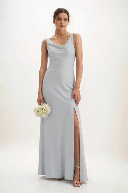 Sheath-Column Maxi Luxe Satin Bridesmaid Dress CB0816