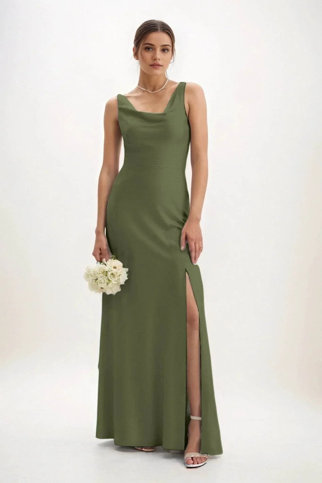 Sheath-Column Maxi Luxe Satin Bridesmaid Dress CB0816
