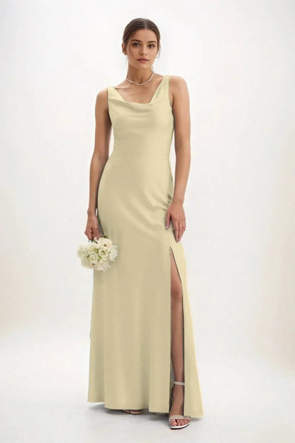 Sheath-Column Maxi Luxe Satin Bridesmaid Dress CB0816