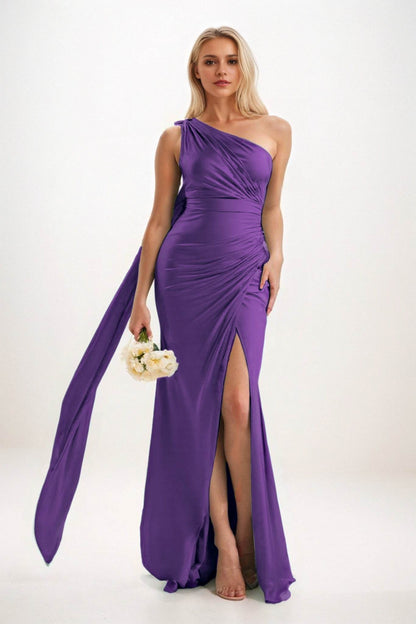 Sheath-Column Sweep-Brush Train Luxe Satin Bridesmaid Dress CB0833