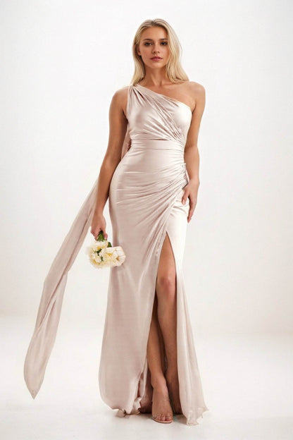 Sheath-Column Sweep-Brush Train Luxe Satin Bridesmaid Dress CB0833