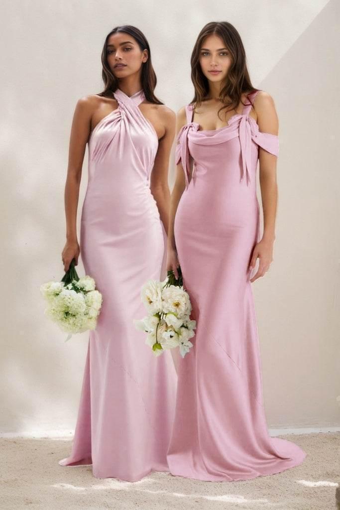 Sheath-Column Maxi Luxe Satin Bridesmaid Dress CB0837