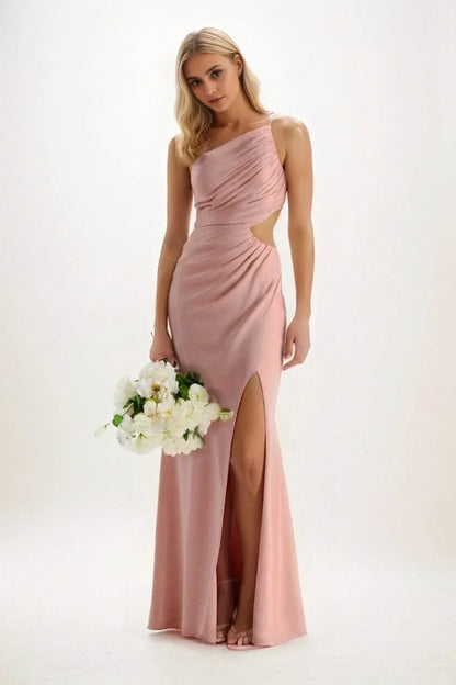 Sheath-Column Maxi Luxe Satin Bridesmaid Dress CB0842