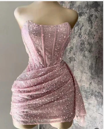 Chic Shiny Pink Sequin Homecoming Dress Strapless Party Dress Short Sheath Cocktail Dress HZ1024