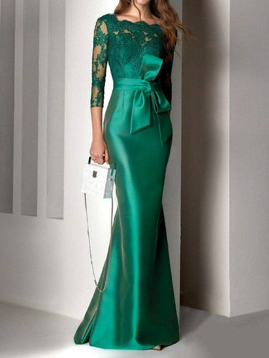 Mermaid / Trumpet Mother of the Bride Dress Elegant Square Neck Floor Length Lace Satin 3/4 Length Sleeve with Bow(s) Appliques - RongMoon
