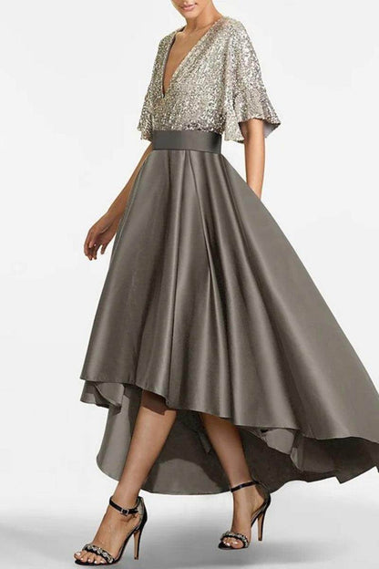 A Line V Neck Half Sleeves Asymmetrical Mother of the Bride Dresses CM0356
