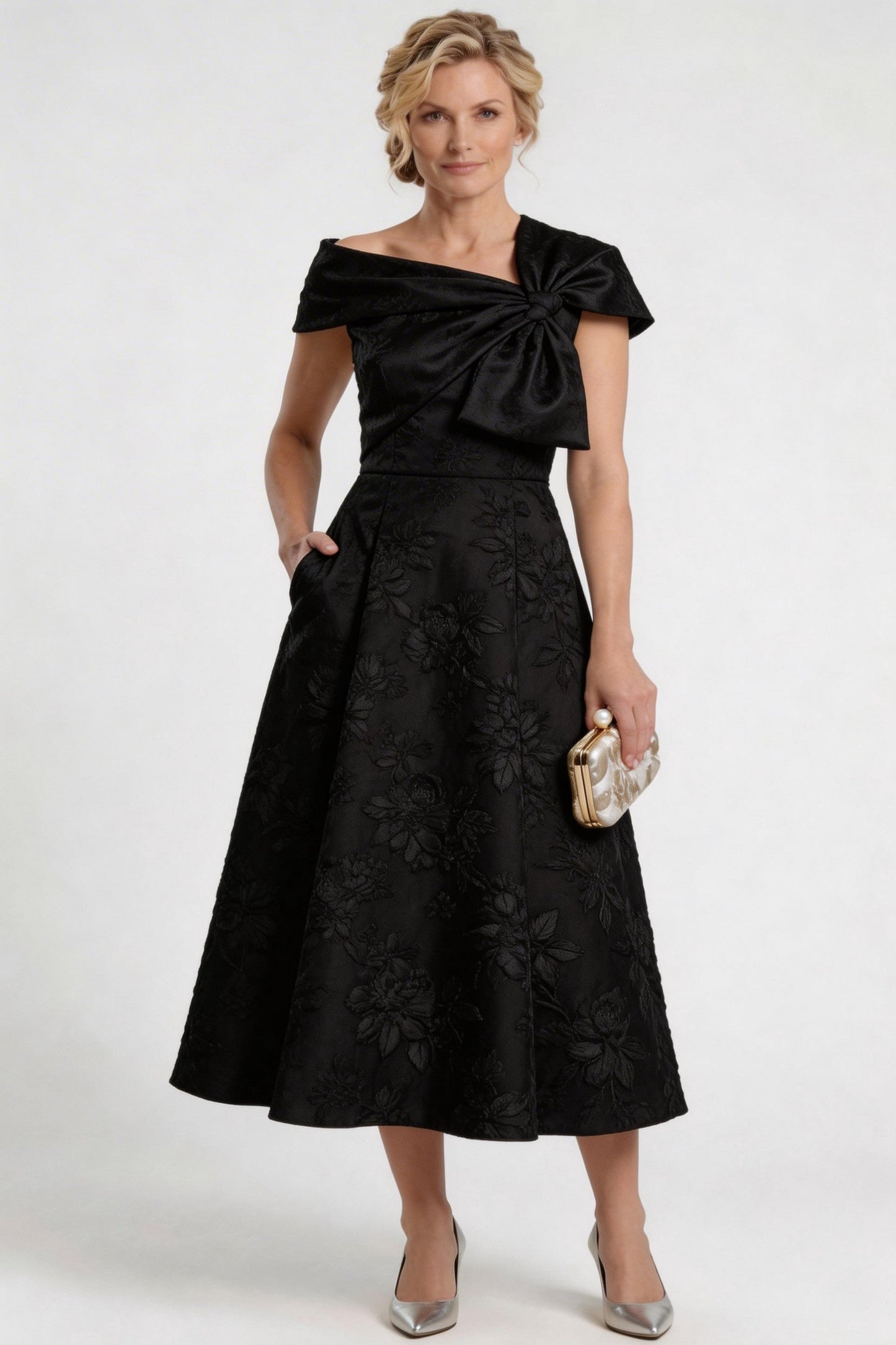 A-Line Tea-Length Jacquard Mother of the Bride Dress CM0413