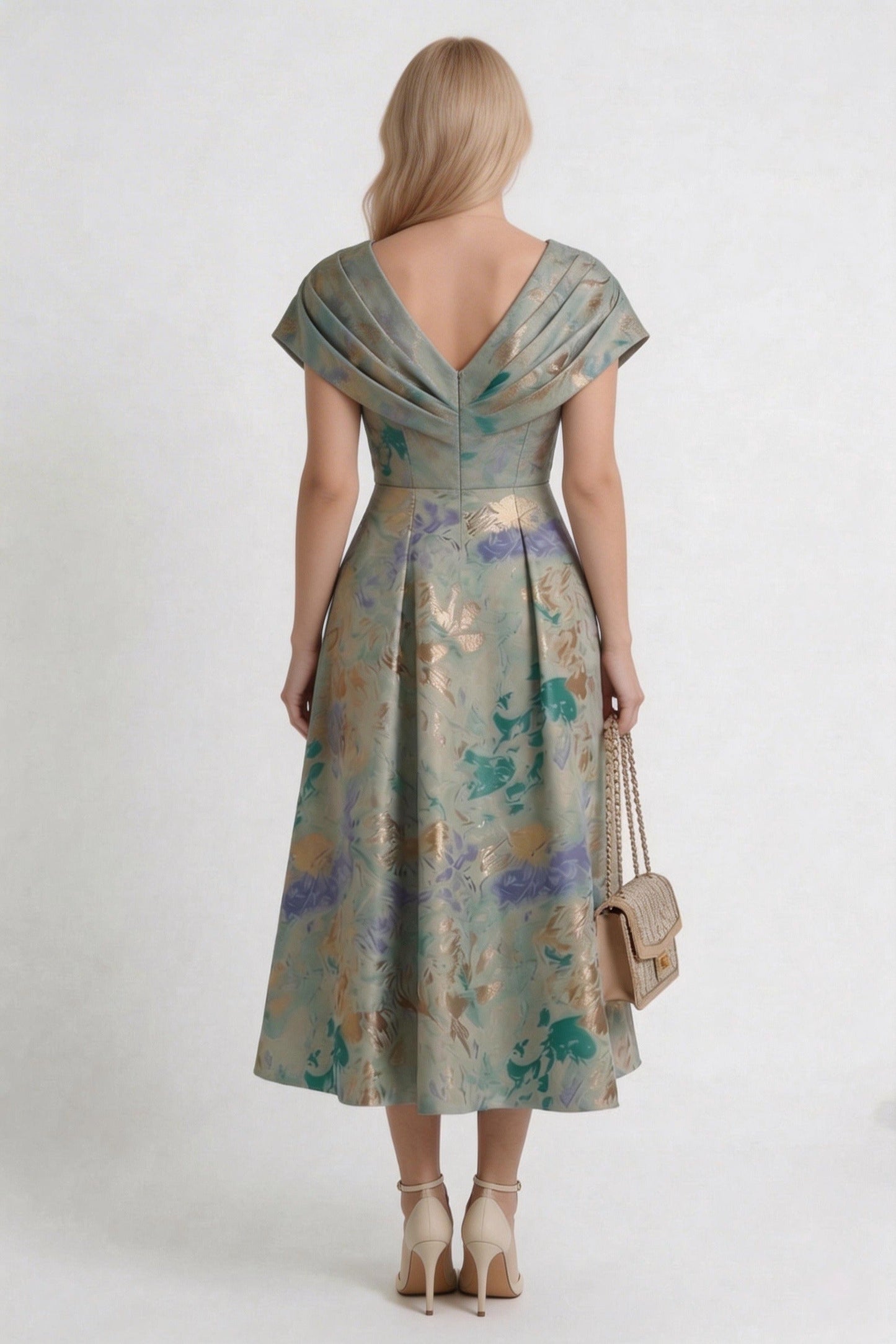 A-Line Tea-Length Jacquard Mother of the Bride Dress CM0417