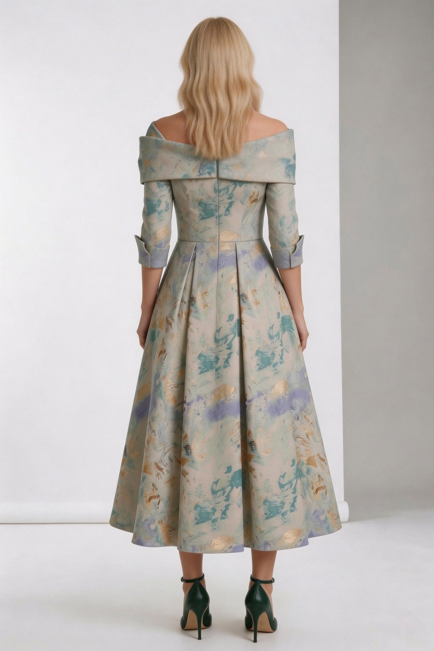 A-Line Tea-Length Jacquard Mother of the Bride Dress CM0418