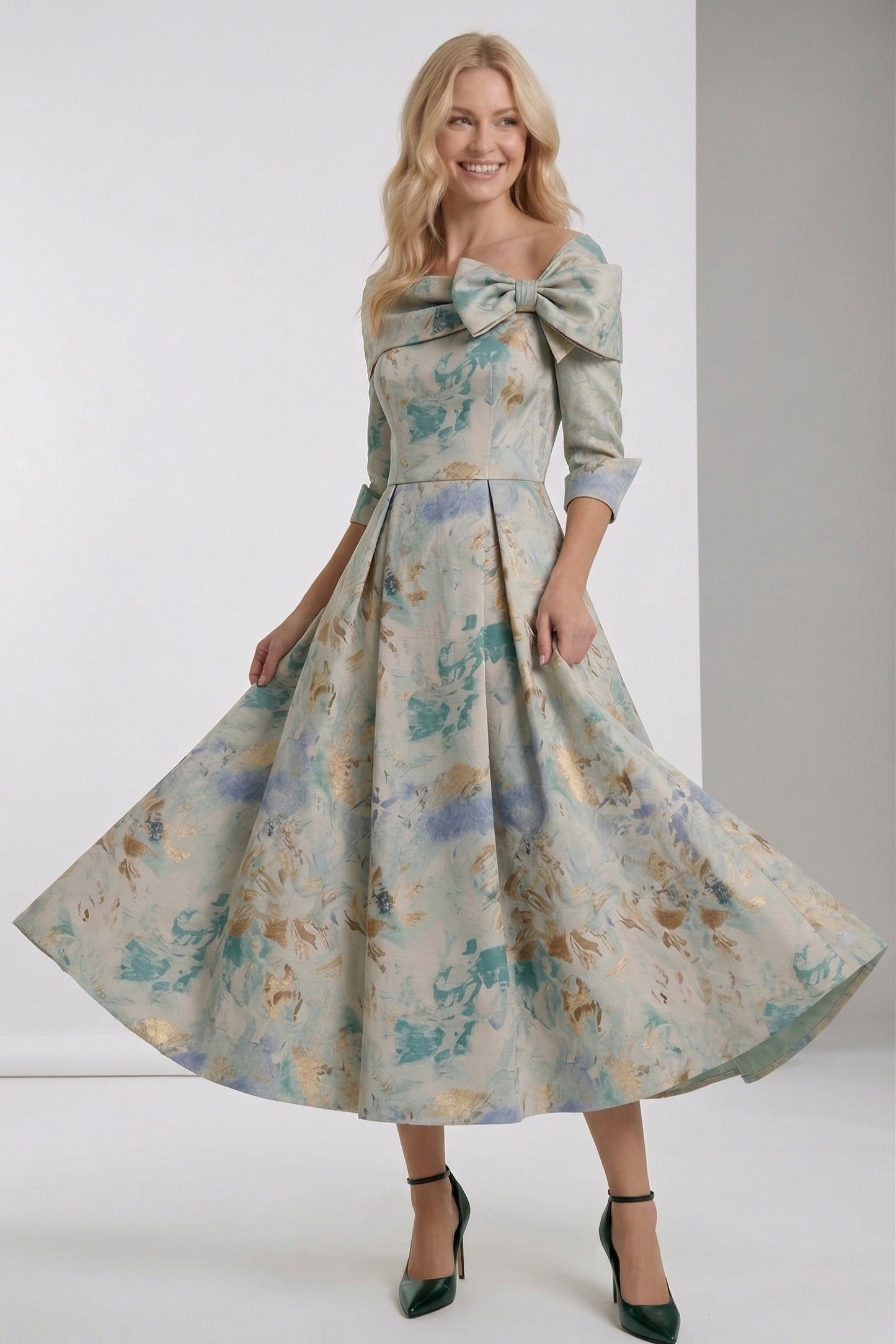 A-Line Tea-Length Jacquard Mother of the Bride Dress CM0418