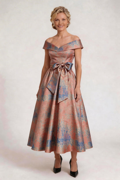 A-Line Tea-Length Jacquard Mother of the Bride Dress CM0427