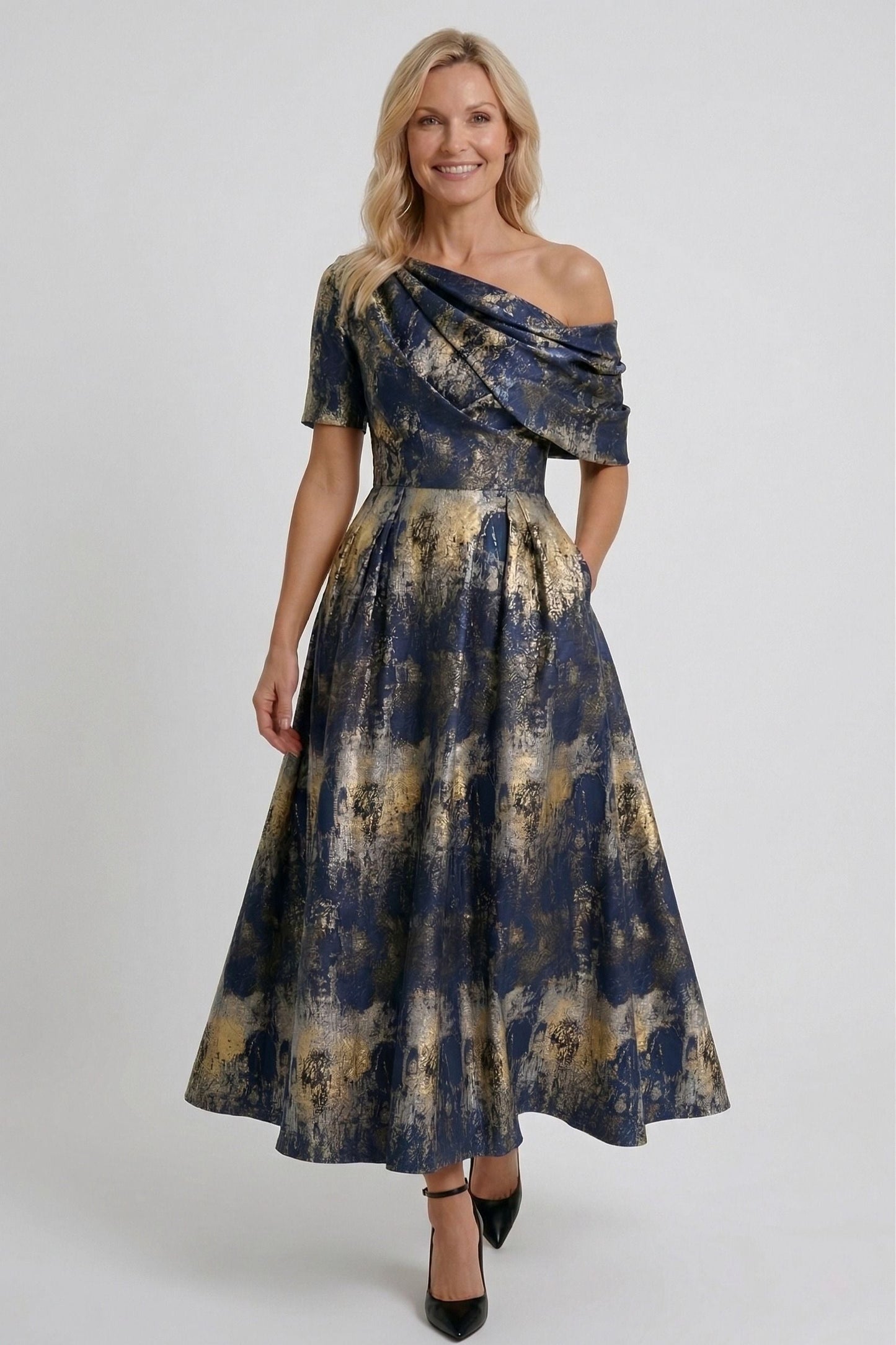 A-Line Tea-Length Jacquard Mother of the Bride Dress CM0428