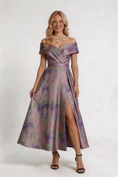 A-Line Tea-Length Jacquard Mother of the Bride Dress CM0429