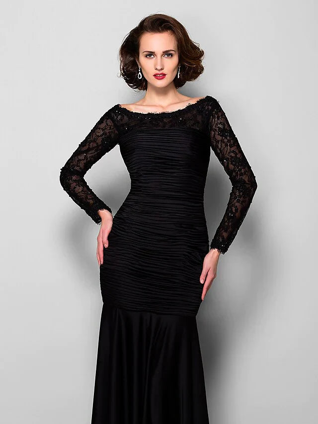 Mother of the Bride Dress Beautiful Back Jewel Neck Lace Jersey Long Sleeve with Lace Ruched Beading