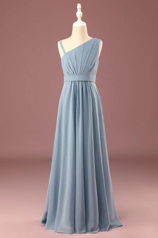 Grey blue one shoulder A-line chiffon pleated and ground length bridesmaid dress