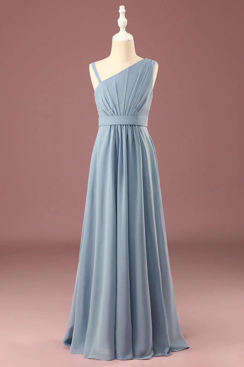 Grey blue one shoulder A-line chiffon pleated and ground length bridesmaid dress