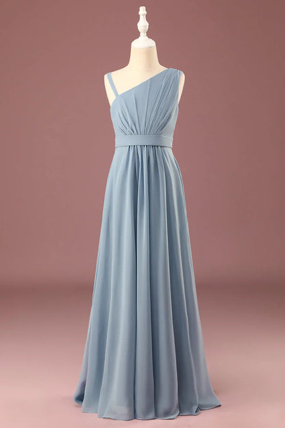 Grey blue one shoulder A-line chiffon pleated and ground length bridesmaid dress