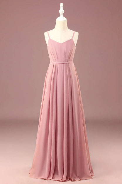Grey Rose A-line Chiffon Thin Shoulder Strap Long Pleated Junior High School Bridesmaid Dress